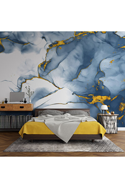 Plustablo Lüks Mermer Görünümlü Mavi Duvar Kağıdı, Soyut Duvar Kağıdı, Otelle...