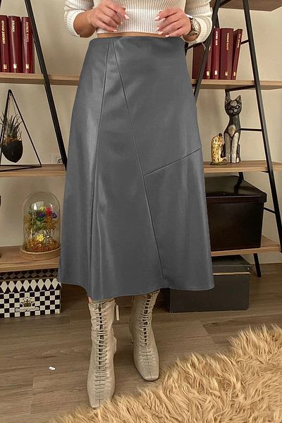Mek-Up Swarıus Gray Leather Women's Skirt - Asymmetrical Sewing Detail
