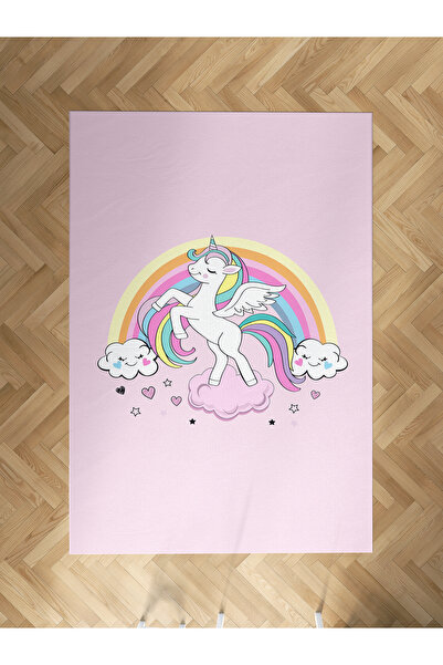 MEKTA HOME BEBEK VE ÇOCUK ODASI Gökuşağı ve Unicorn Desenli Pembe Halı