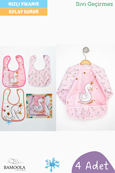 Bamoola 4'lü Kuğu Desenli Uzun Kollu Bebek Mama Önlüğü (3 Kolsuz + 1 Kollu)