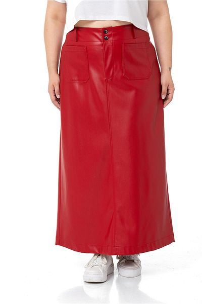 DISENTIS MODEST Large Size Slit Detailed Long Red Leather Skirt with Pockets