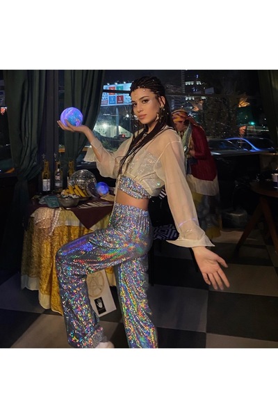 Hello Stranger Pullu Parlak Gümüş Disko Pantolon Hologram Metalik Kumaş