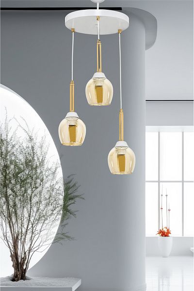 DEDE TRIPLE MANDARIN PENDANT LIGHT CHANDELIER HONEY COLOR GLASS WITH GOLD PIPE