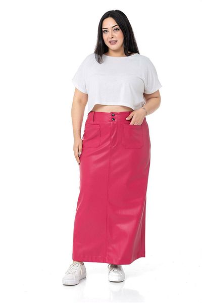 DISENTIS MODEST Large Size Slit Detailed Long Fuchsia Leather Skirt with Pockets