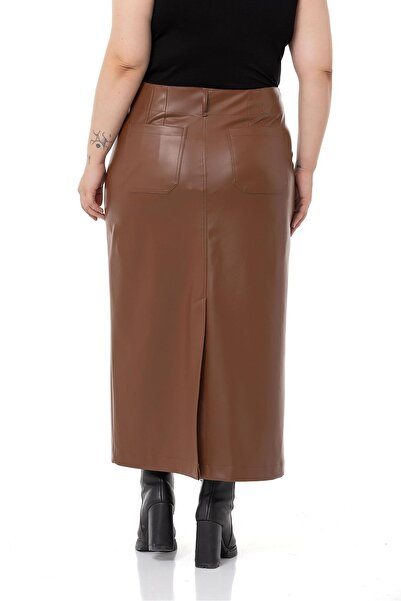 DISENTIS MODEST Large Size Long Brown Leather Skirt with Slit Detail and Pockets