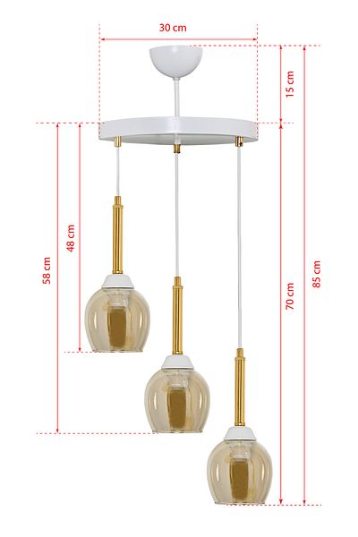 DEDE TRIPLE MANDARIN PENDANT LIGHT CHANDELIER HONEY COLOR GLASS WITH GOLD PIPE
