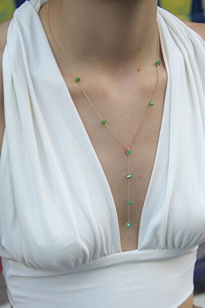 takıtarzım عقد Y نسائي من الكريستال الأخضر مع سلسلة ذهبية