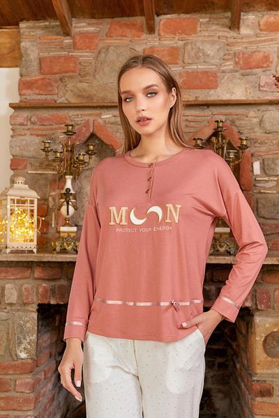 Cossy By Aqua 24185 Women's Dusty Rose Print Detail Long Sleeve Cotton Pajama Set