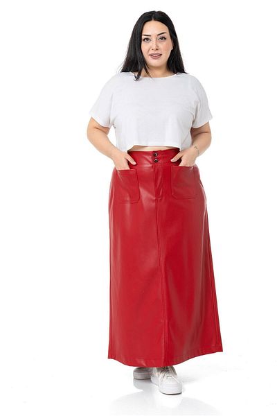 DISENTIS MODEST Large Size Slit Detailed Long Red Leather Skirt with Pockets