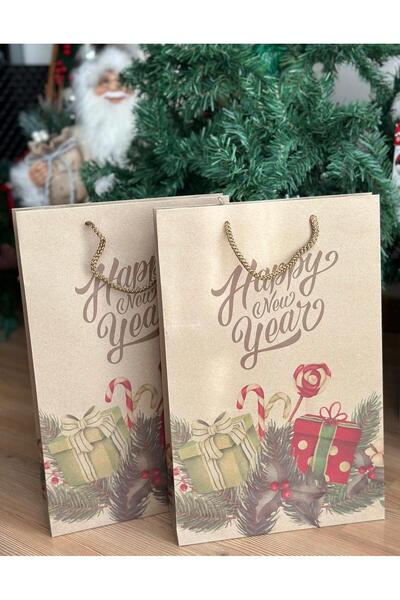 QUEEN AKSESUAR İthal büyük 2li hediye paketi happy New year desenli ip askılı kraft karton çanta yılbaşı yeni yıl