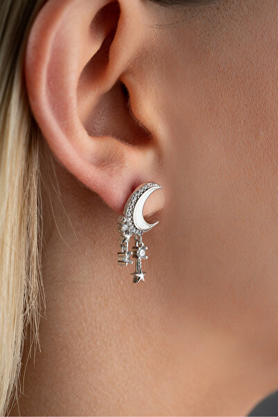 Nereze 925 Ayar Gümüş Rodyum Kaplama Sallantı Yıldız Hilal Küpe