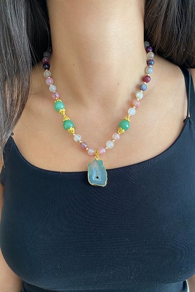 Suerte Accessories سموكي الكوارتز حجر القمر الوردي الكوارتز اليشم الحجر الطبيعي افينتورين الحجر الطبيعي نهاية اليدوى قلادة تصميم خاص