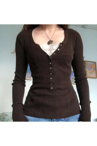 Köstebek Bluză maro Fairycore cu decolteu în V cu nasturi din dantelă