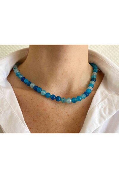 NehirTaş قلادة من الحجر الطبيعي بحجر العقيق الأزرق مقاس 8 مم - معتمدة