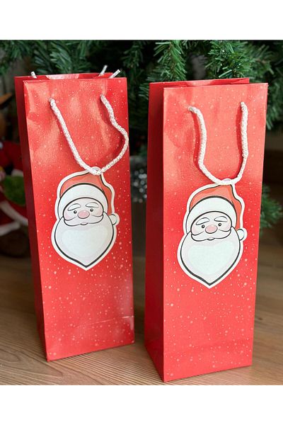 QUEEN AKSESUAR Imported New Year Christmas Santa Claus Patterned Red Long Strap Gift Cardboard Bag with Rope Strap 2 Pieces