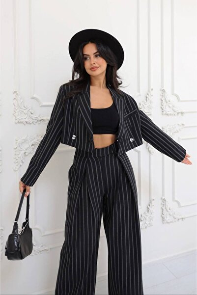 MYA Women's Crop Blazer Jacket Palazzo Pants Striped Suit