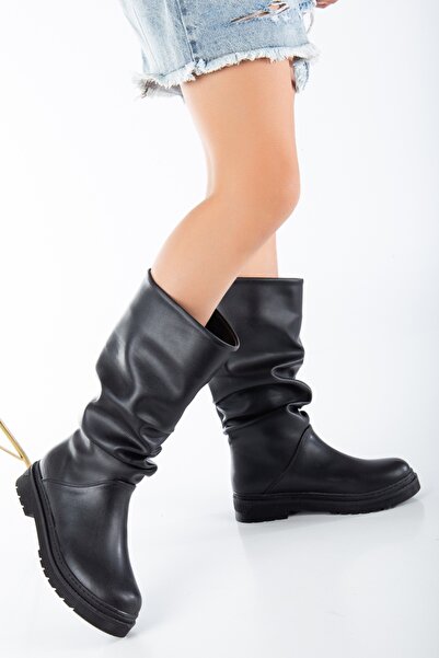 SOFT FASHION Kadın Siyah Cilt Özel Şık Günlük Yeni Moda Bot & Diz Altı Çizme - Topuk 2.5 Cm