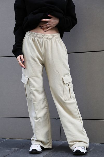 Madmext Beigefarbene Damen-Jogginghose mit weitem Bein und Cargotasche Mg1615
