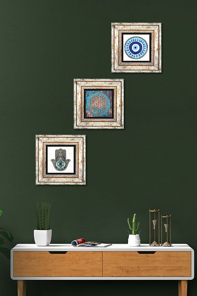 Pinecone Evil Eye, Flower of Life, Fatma Ana Eli (HAMSA) Stone Wall Painting Framed Wall Decor Set of 3 Tk3-329