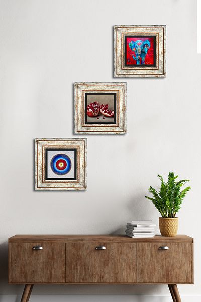 Pinecone Evil Eye, Elefant, Pictură pe perete cu piatră de rodie Decor de perete înrămat Set de pictură 3 piese Wall Art Tk3-1690