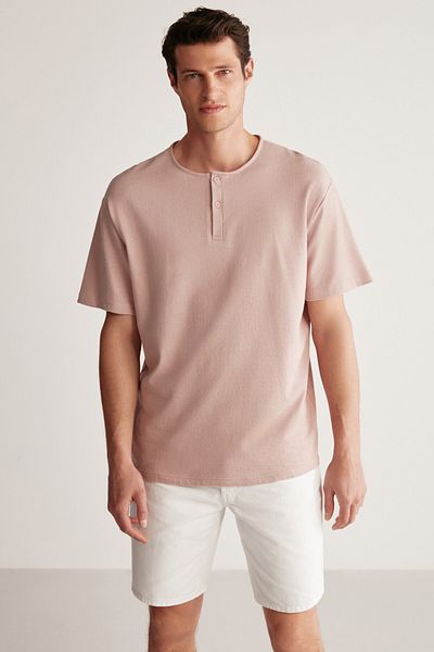 GRIMELANGE Harry Men's Collar Special Succulent Textured Thick Fabric 100% Cotton Pink T-shirt
