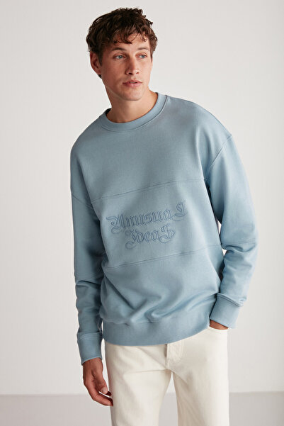 GRIMELANGE Ανδρικό μπλουζάκι Drago Oversize Fit Piece μπροστά με κεντημένο στρογγυλό γιακά