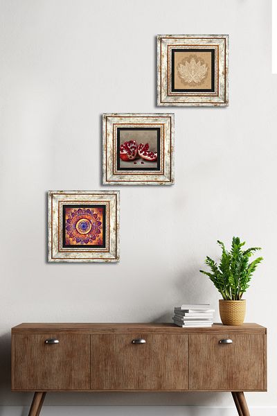 Pinecone Mandala, Lotus Flower, Pomegranate Stone Wall Painting Framed Wall Decor 3 Piece Painting Set Tk3-1646