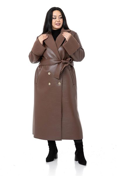 DISENTIS MODEST Large Size Long Leather Brown Coat with Arm Mouth and Fur Inside