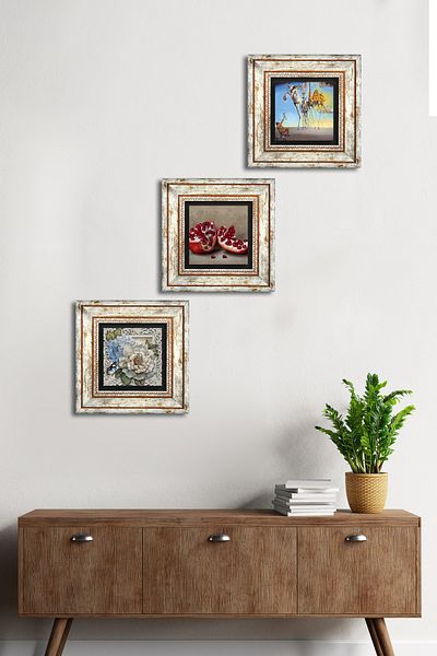 Pinecone Salvador Dali , Flower with Butterfly , Pomegranate Stone Wall Painting Framed Wall Decor Set of 3 Painting Tk3-1201