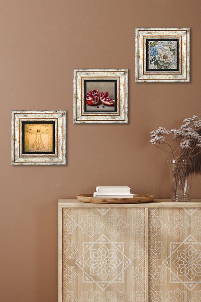 Pinecone Leonardo Da Vinci Vitruvian Man, Flower with Butterfly, Pomegranate Stone Wall Painting Framed Wall Decor