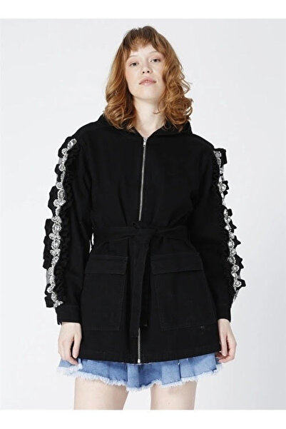 Rocky girl Kol detay fırfır taş işleme siyah denim mont