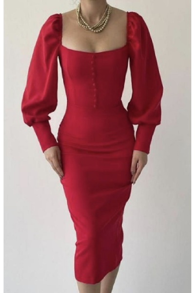 serkan Vintage Stil, Balon Kol Elbise - Kırmızı
