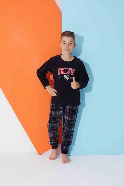 MEBA Boy's Gez Boy Black Crew Neck Plaid Winter Fleece Pajama Set