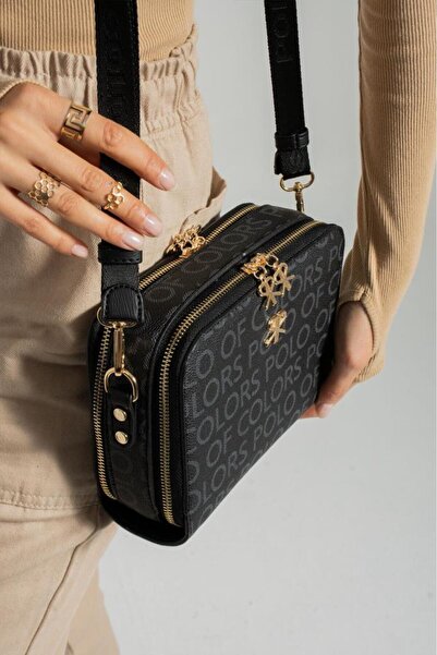 ImPolo حقيبة كتف وحقيبة كروس نسائية بطبعة إمبولو بيتي باللون الأسود مقاس 16x21