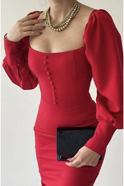 serkan Vintage Stil, Balon Kol Elbise - Kırmızı