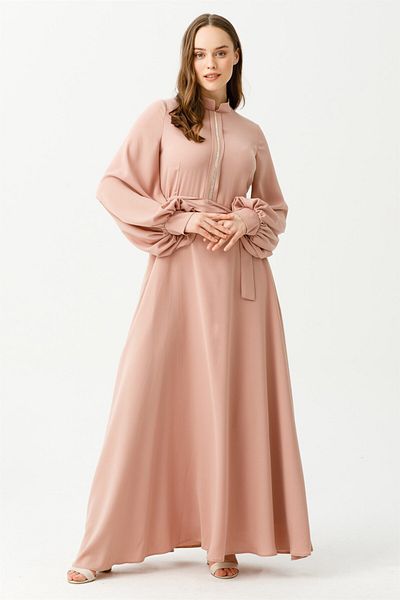 Esswaap Skirt Flared Cut Front Jewelled Flowing Dress Powder