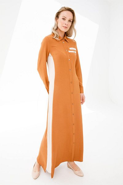 Esswaap Side Garnished Hidden Placket Dress Tan
