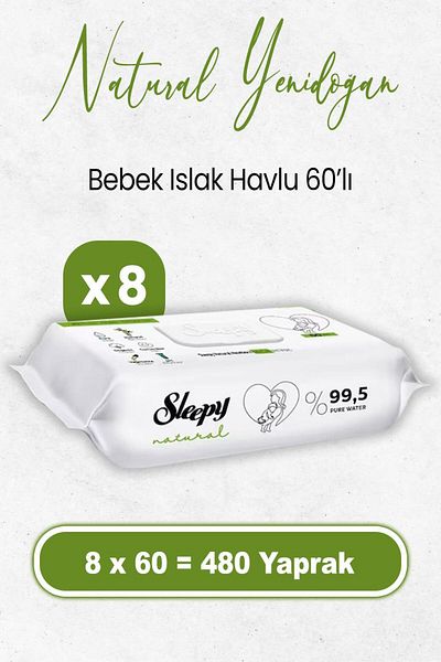 Sleepy Natural Newborn Wet Baby Towel 60 X 8 Pieces (480 SHEETS)