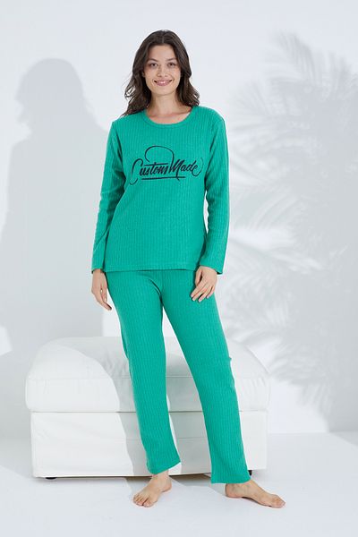 Siyah İnci green printed Knitted Printed Pajama Set