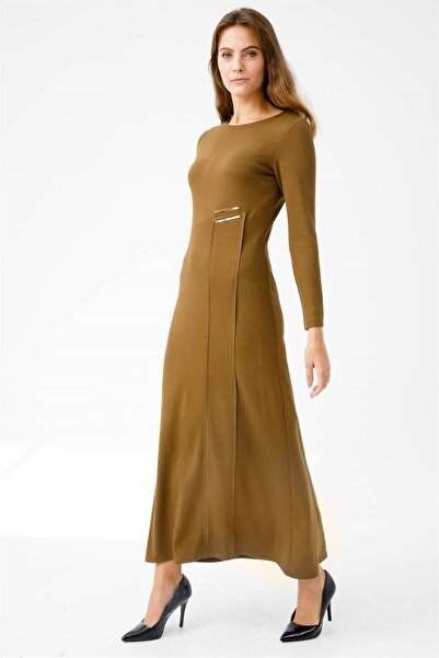 Esswaap Asimetrik Cıt Cıt Aksesuarlı Elbise Haki