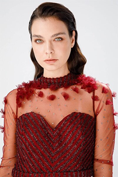 Esswaap Balık Kesimli, Tül Ve Dantelden Oluşan Şık Abiye Elbise Bordo