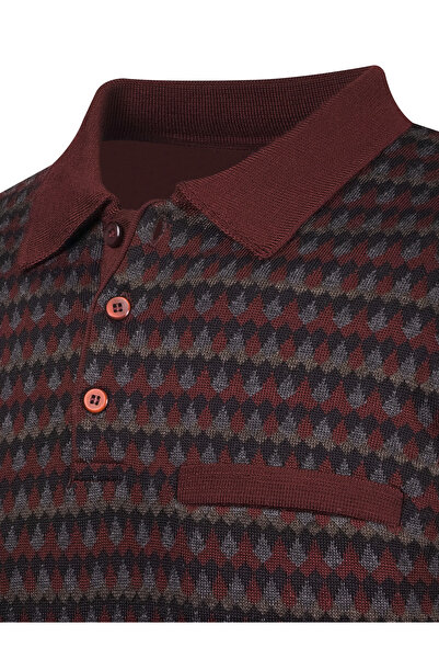 Çizgi Triko Men's Claret Red Polo Collar Knitwear Sweater Patterned Sleeve and Waist Elastic Steel Knit Classic Fit