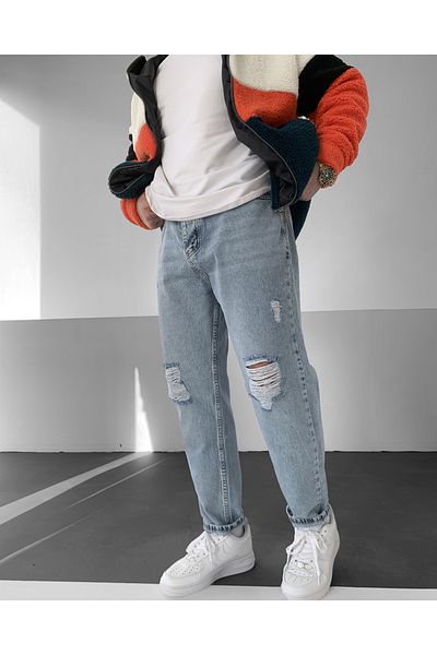 NO1 KONSEPT Pantaloni boyfriend rupti cu șnur de șlefuire albastru gheață