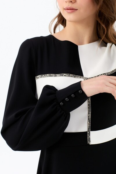 Esswaap Siyah Beyaz Taş Detaylı Elbise Siyah