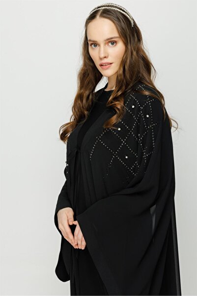 Esswaap Dökümlü Taş Yapıştırma Detaylı Içi Sandy Dışı Şifon Elbiseli Takım Siyah