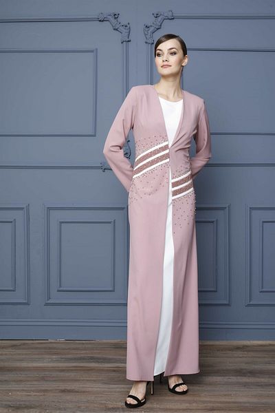 Esswaap Powder - 2-Piece Dress Long Jacket Stoned Evening Dress Set