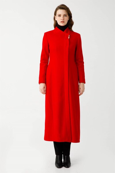 Esswaap 8821 Verev Yaka Detay Kaşe Kırmızı Tasarım Manto Vns40252