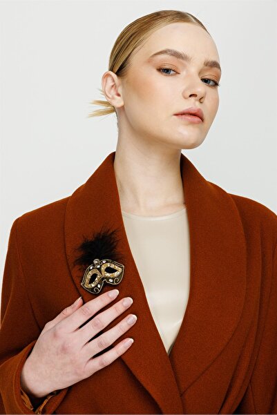 Esswaap Broş Detaylı Önden Bağlamalı Ara Boy Manto Kiremit