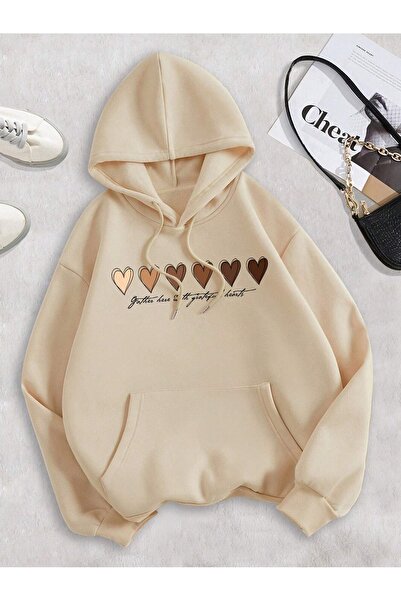 PALPİTO Unisex Mink Multiple Heart Printed Hooded Hoodie Sweatshirt