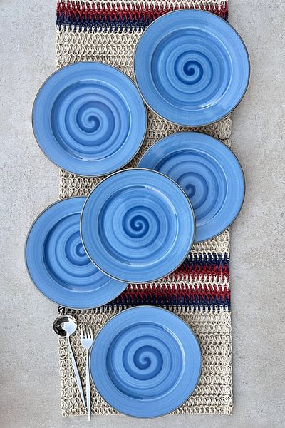 porselenden Trend blue special design hand painted porcelain cake presentation plate set for 6 people 19 cm